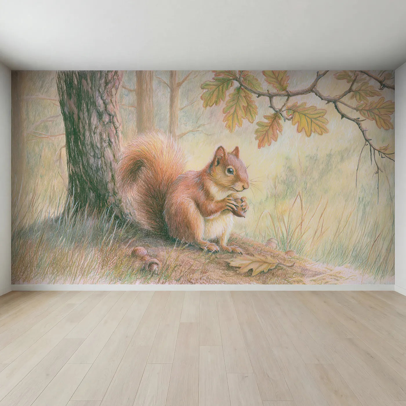 Full view of Acorn Squirrel Wallpaper Mural by Whimsy Tots