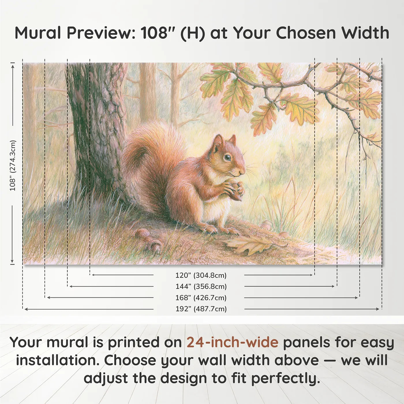 Panel layout and dimensions for Acorn Squirrel Wallpaper Mural by Whimsy Tots