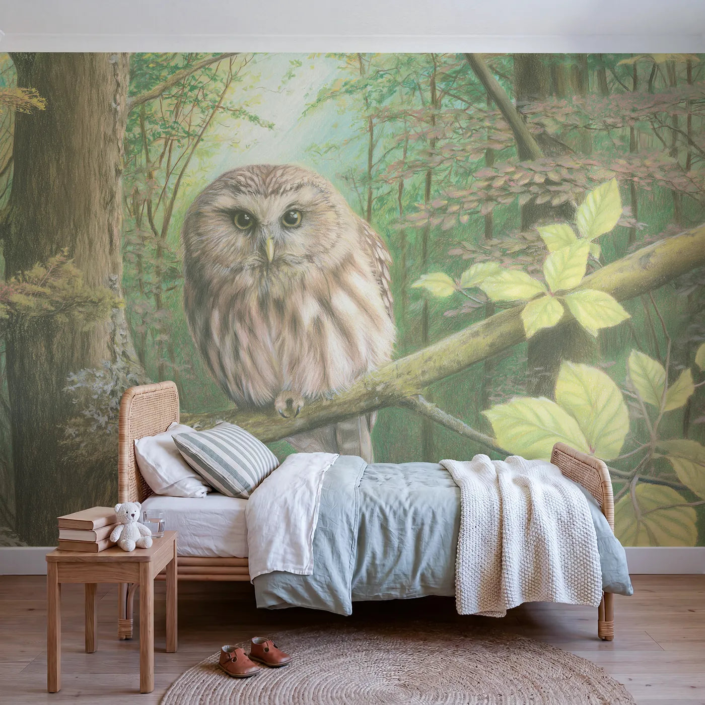 Colored-pencil wall mural of an owl on a mossy branch by Whimsy Tots