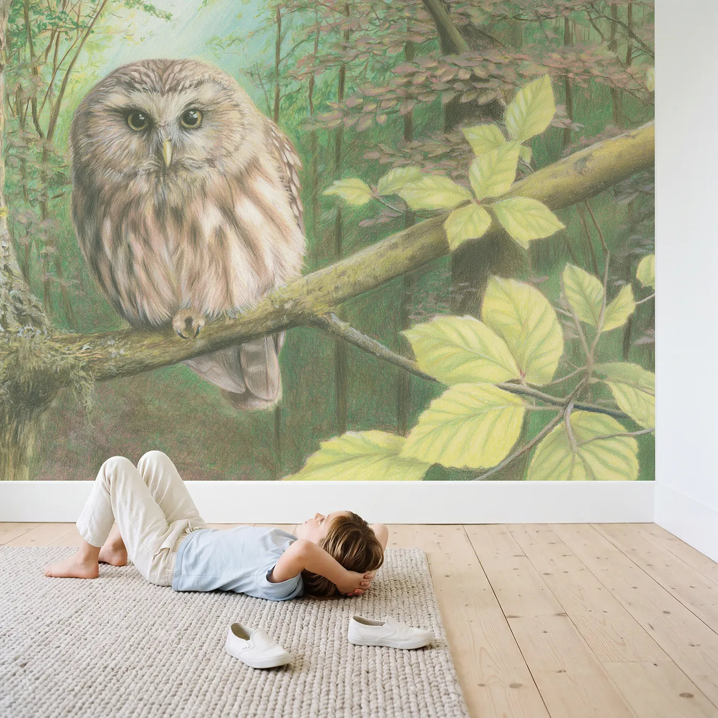 Child in nursery with Owl on a Mossy Branch Wallpaper Mural by Whimsy Tots