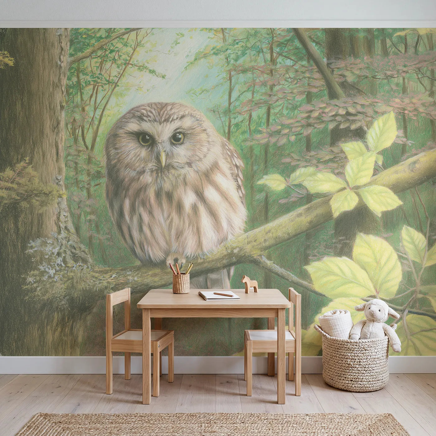 Owl on a Mossy Branch Wallpaper Mural in playroom setting by Whimsy Tots