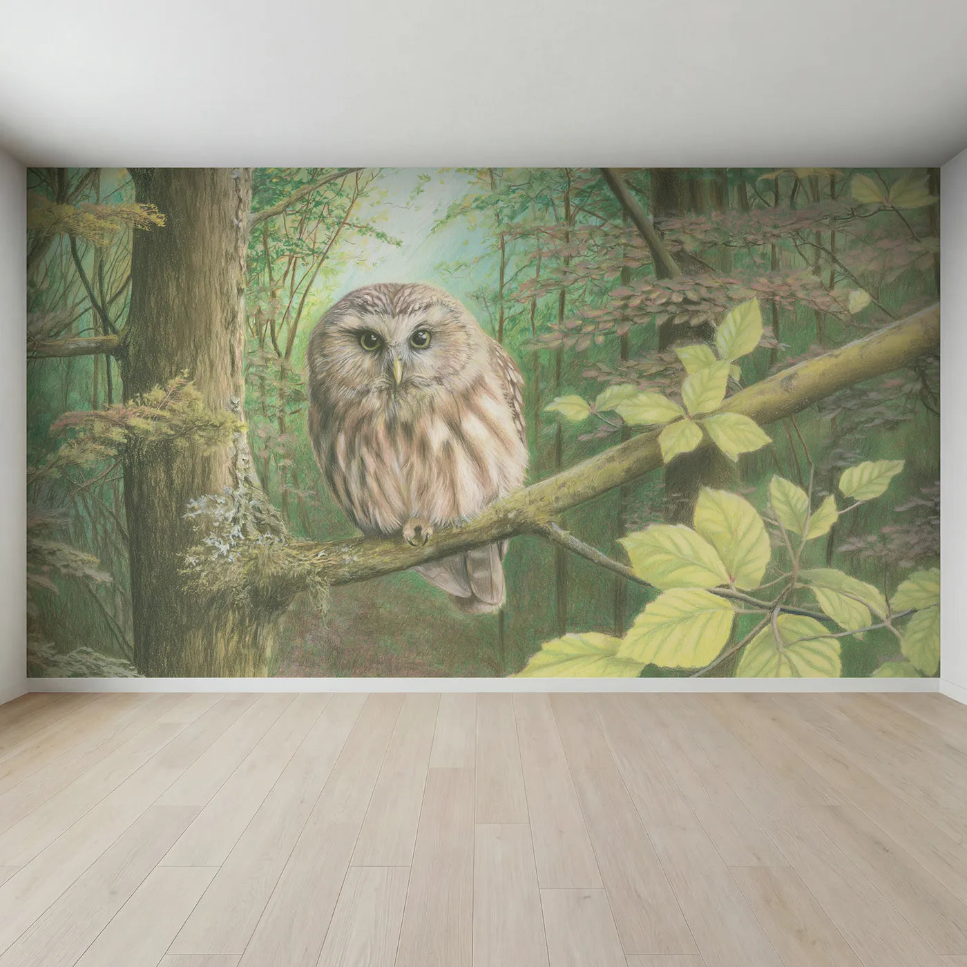Full view of Owl on a Mossy Branch Wallpaper Mural by Whimsy Tots