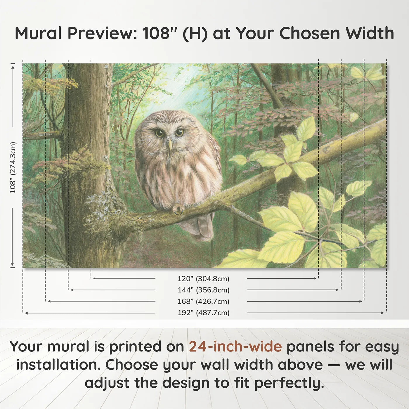 Panel layout and dimensions for Owl on a Mossy Branch Wallpaper Mural by Whimsy Tots