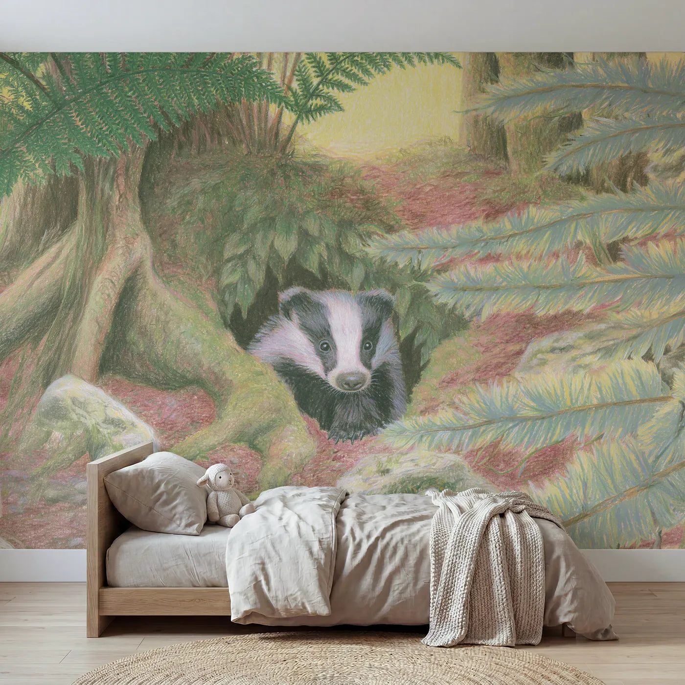 Colored-pencil wall mural of a badger cub at its burrow by Whimsy Tots