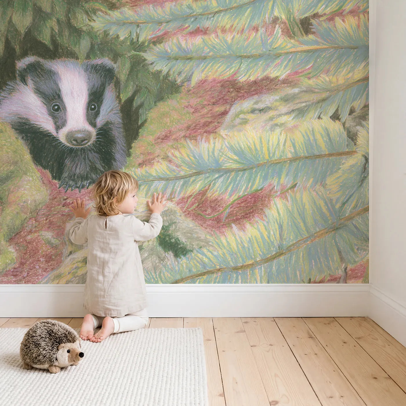 Child in nursery with Badger Cub at the Burrow Wallpaper Mural by Whimsy Tots