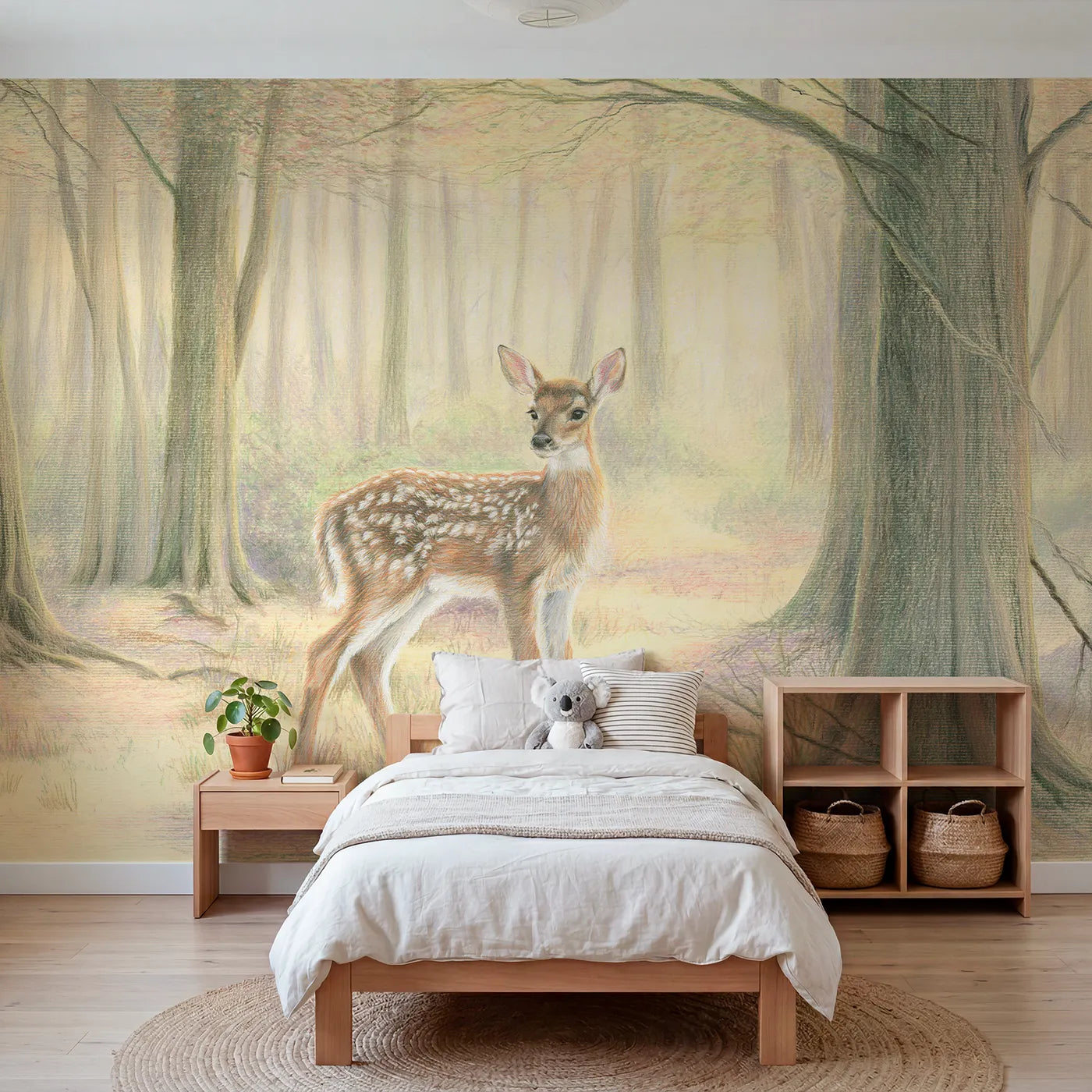 Colored-pencil wall mural of a fawn in a sunlit glade by Whimsy Tots
