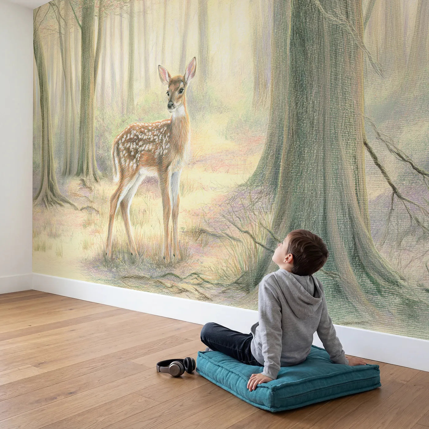 Child in nursery with Standing Fawn in the Glade Wallpaper Mural by Whimsy Tots