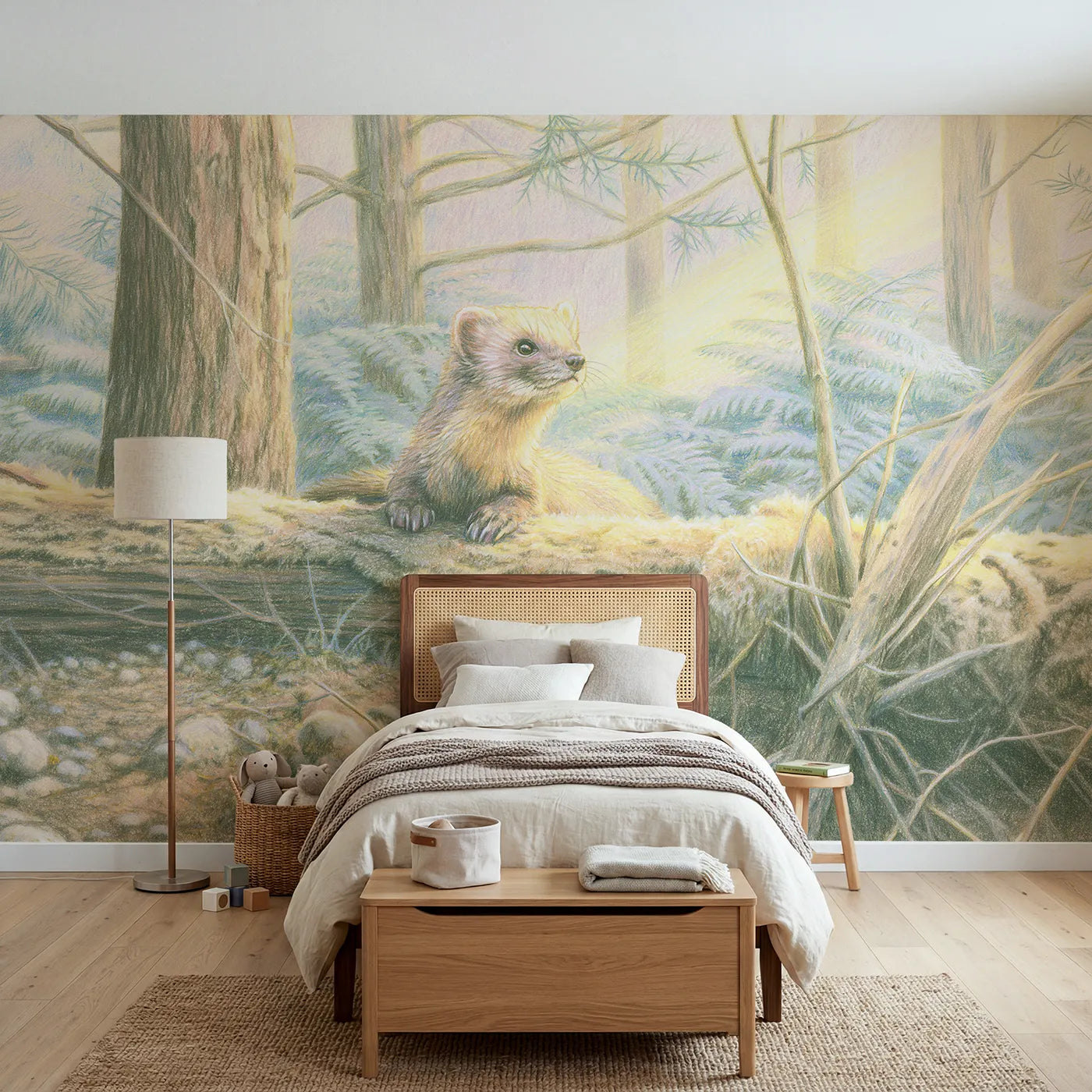 Colored-pencil wall mural of a pine marten on a mossy log by Whimsy Tots