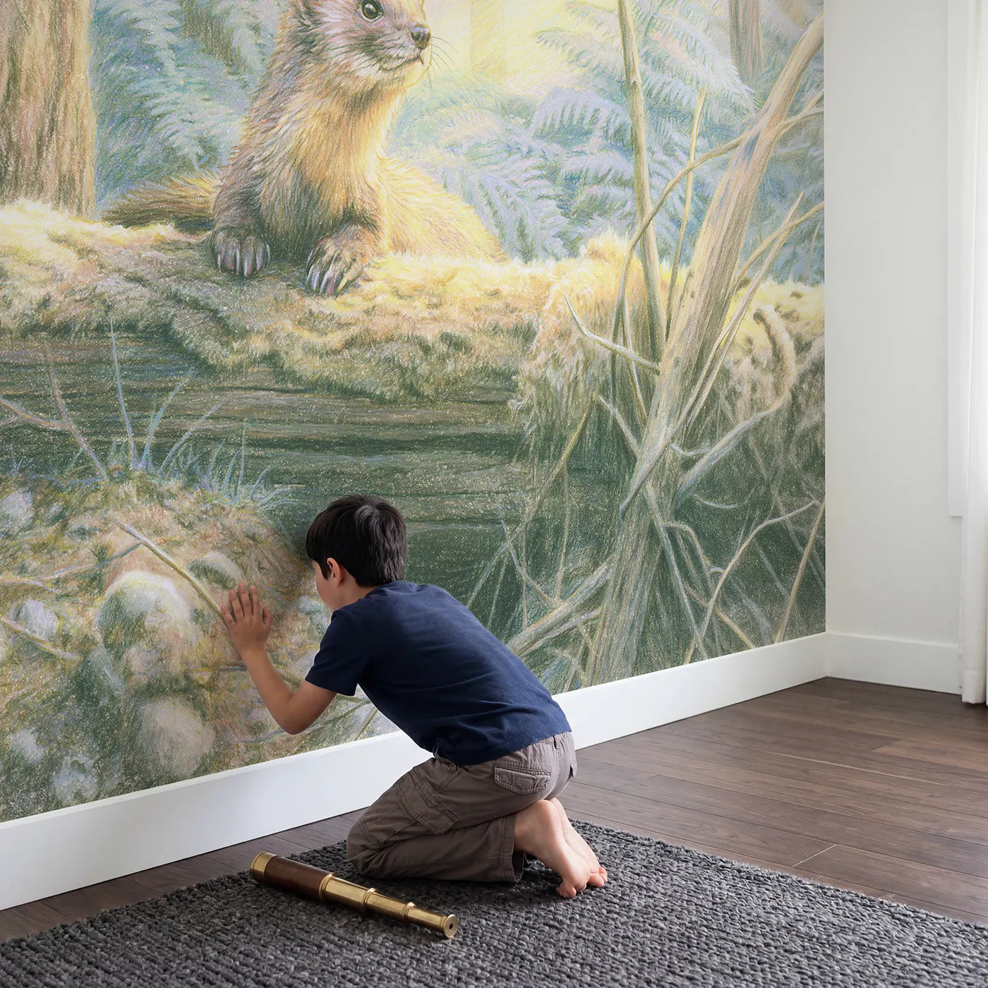 Child in nursery with Pine Marten on a Log Wallpaper Mural by Whimsy Tots