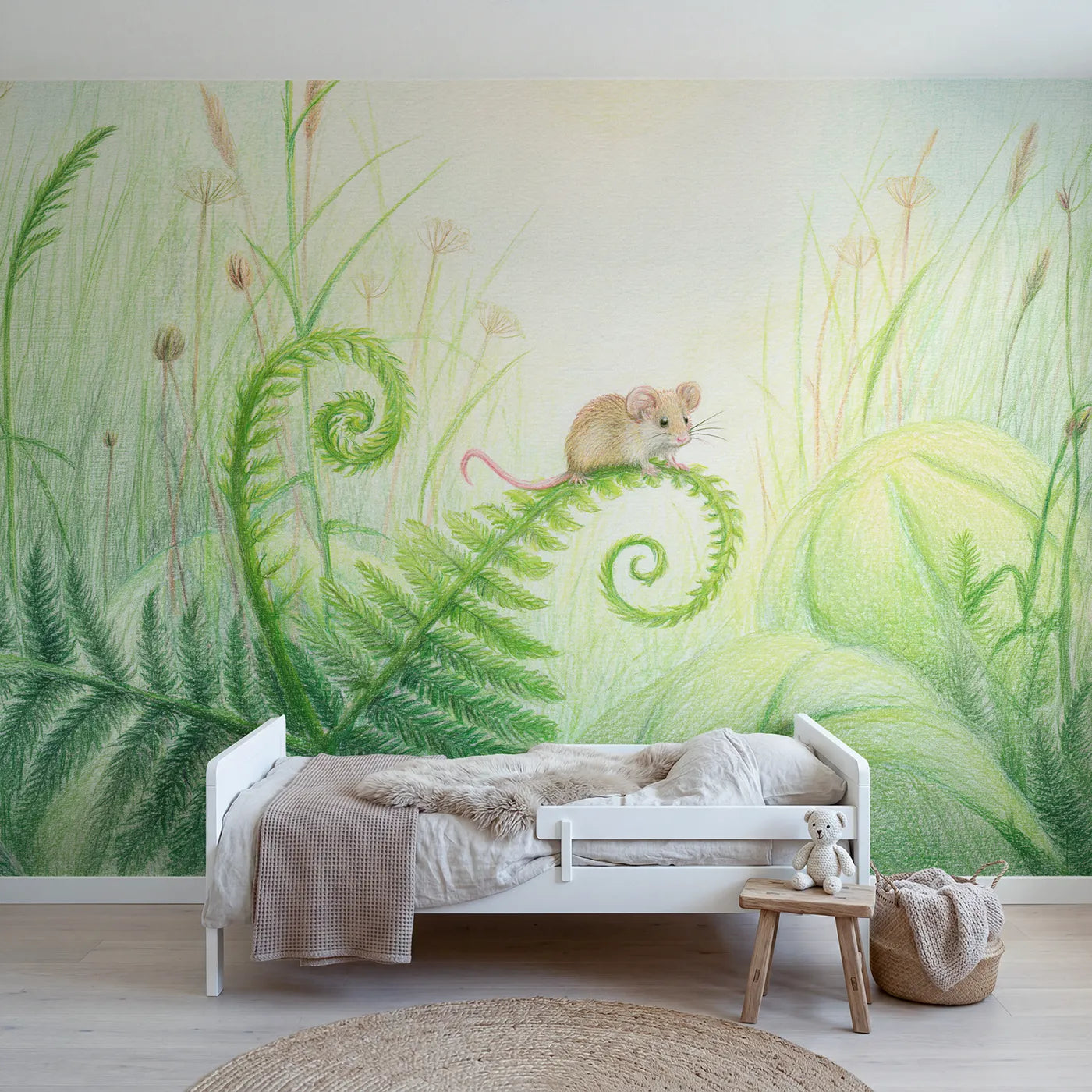 Colored-pencil wall mural of a wood mouse on a fern by Whimsy Tots