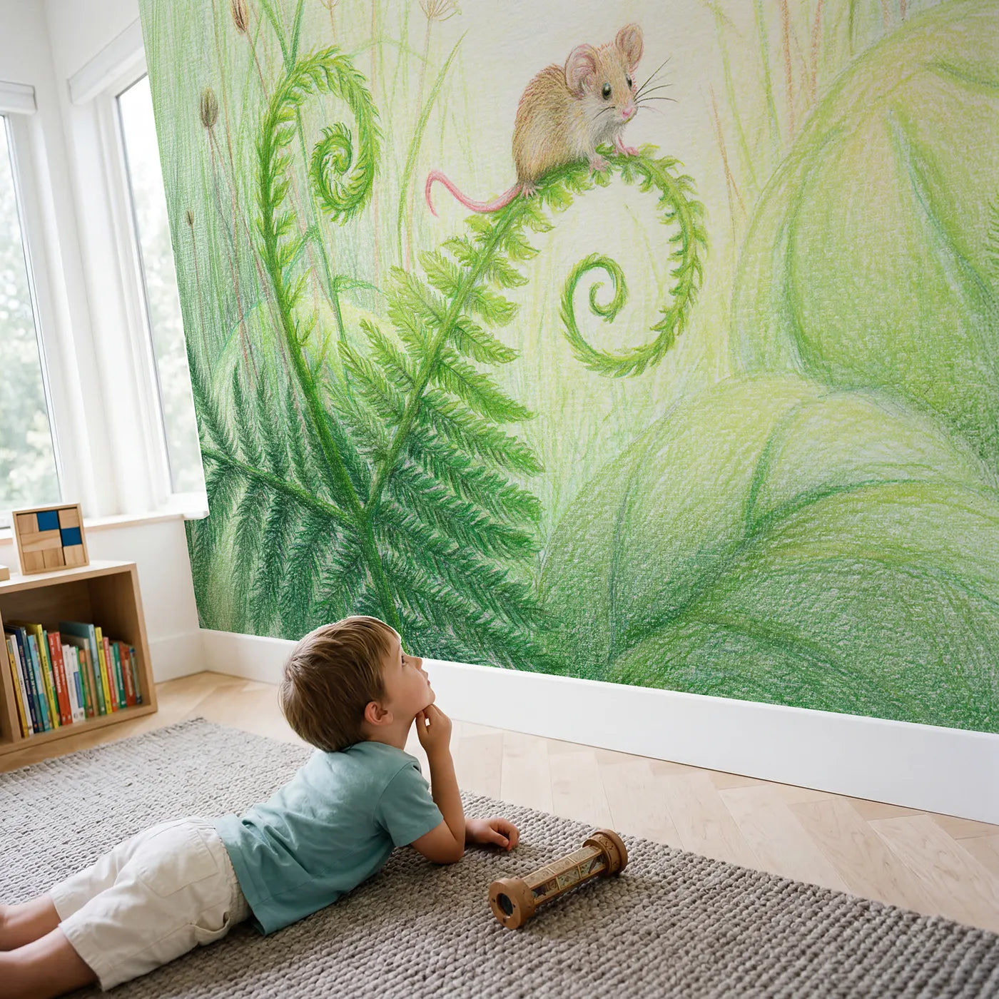 Child in nursery with Woodmouse on a Fern Wallpaper Mural by Whimsy Tots