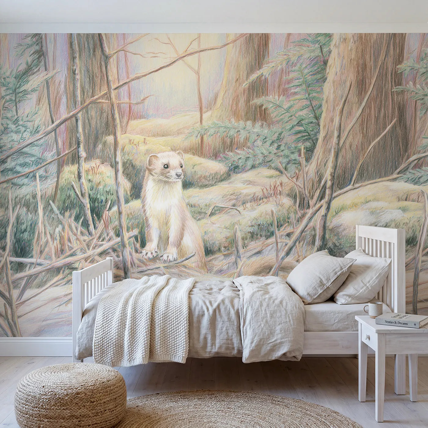 Colored-pencil wall mural of a curious standing stoat by Whimsy Tots