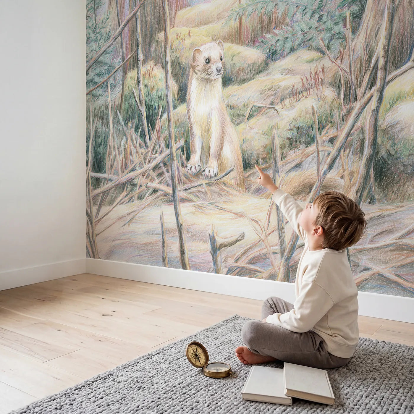 Child in nursery with Curious Stoat Wallpaper Mural by Whimsy Tots