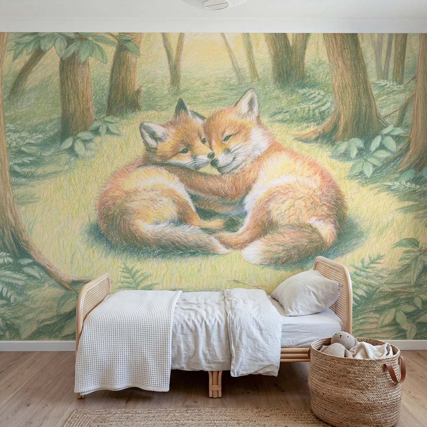 Colored-pencil wall mural of two playing fox cubs by Whimsy Tots