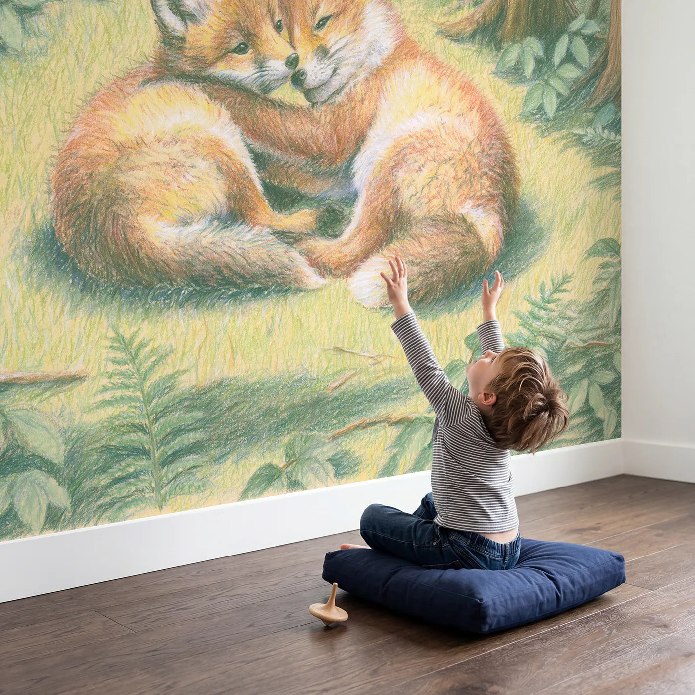 Child in nursery with Two Fox Cubs Playing Wallpaper Mural by Whimsy Tots