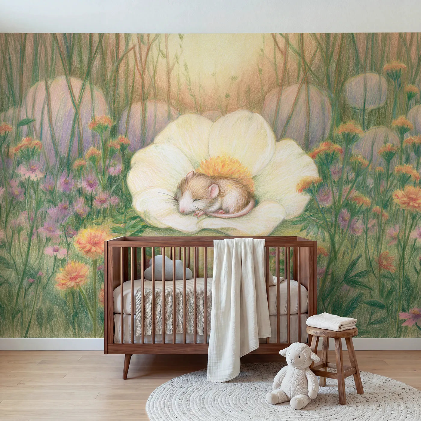 Colored-pencil wall mural of a dormouse asleep in a flower by Whimsy Tots