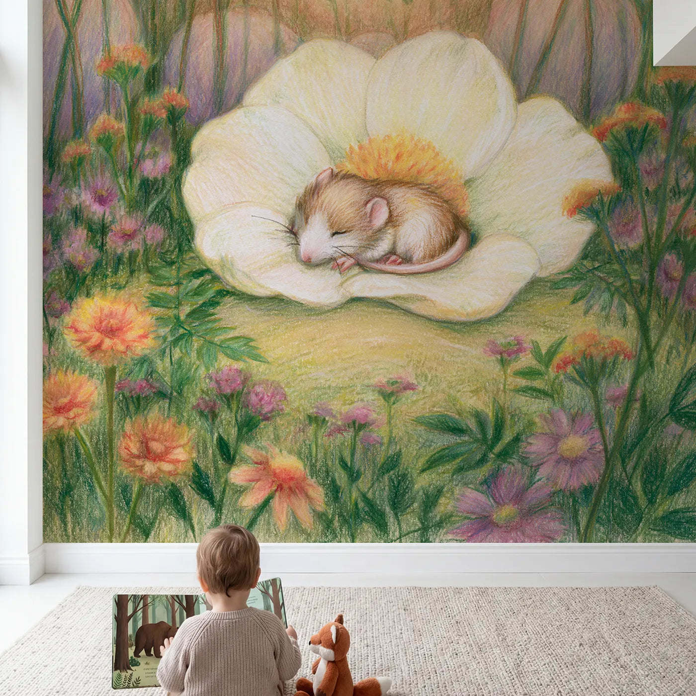 Child in nursery with Dormouse Asleep in a Bloom Wallpaper Mural by Whimsy Tots