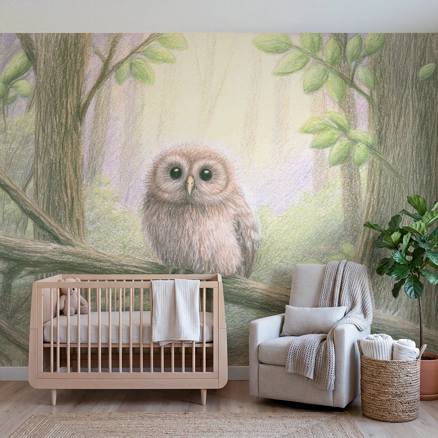 Colored-pencil wall mural of a fluffy tawny owlet by Whimsy Tots