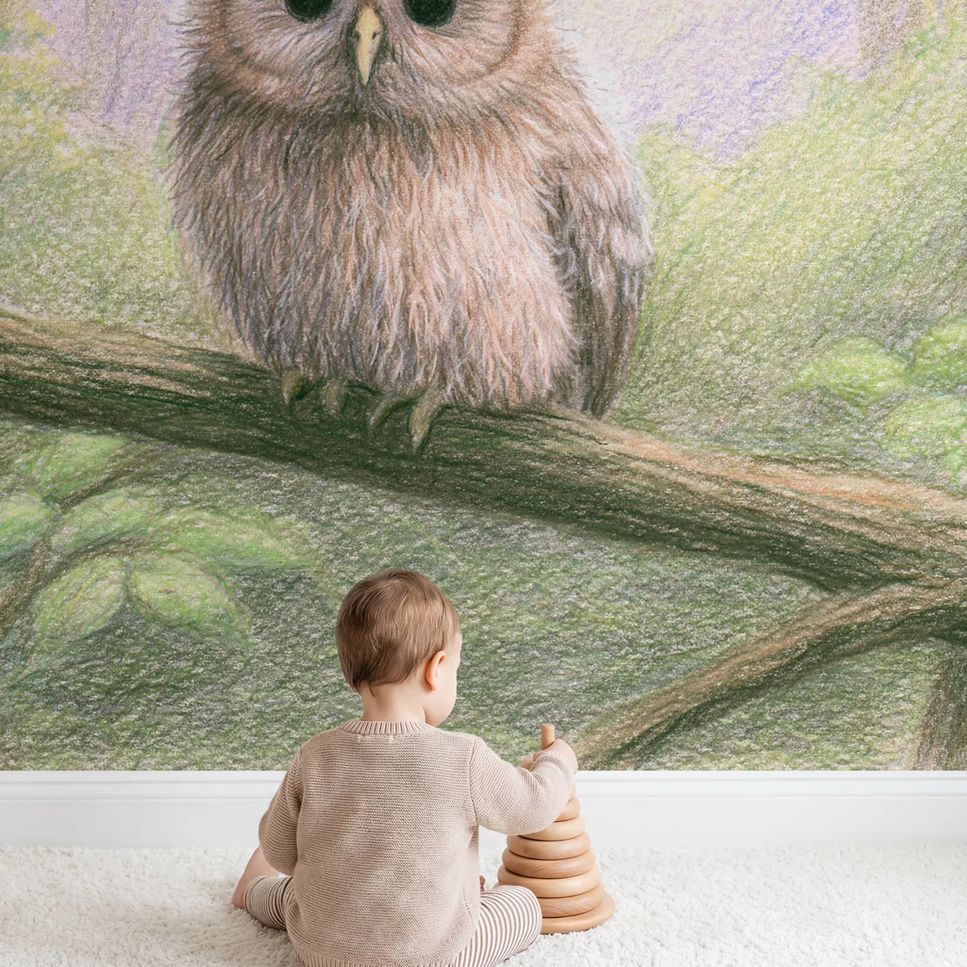 Child in nursery with Fluffy Owlet Wallpaper Mural by Whimsy Tots