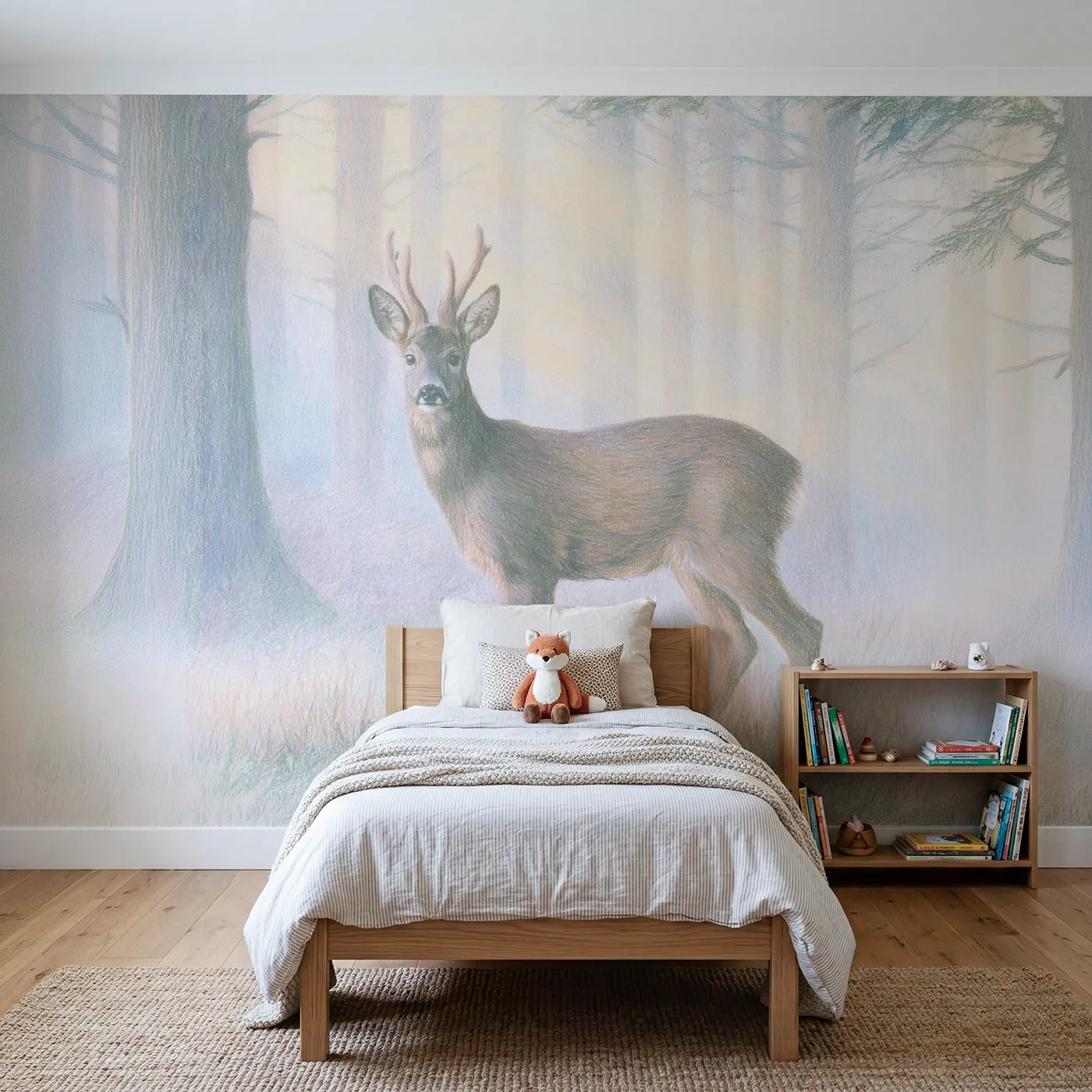 Colored-pencil wall mural of a roe buck in morning mist by Whimsy Tots