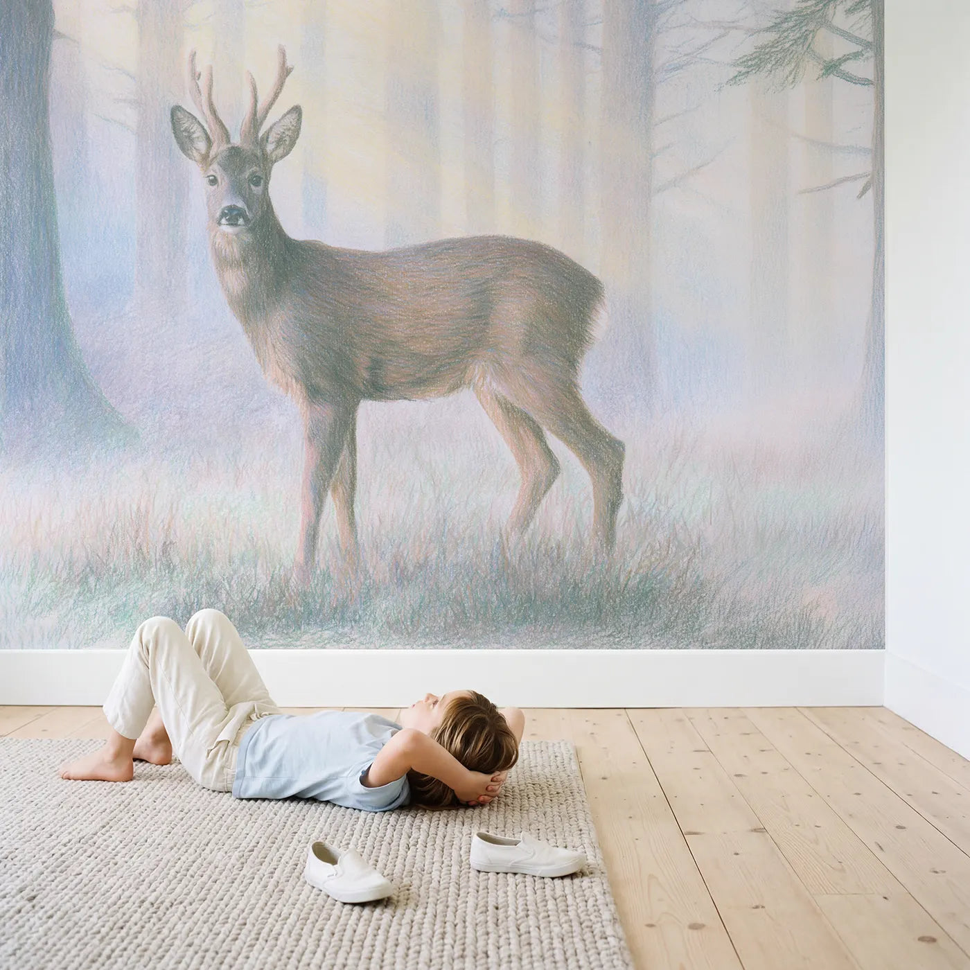 Child in nursery with Misty Roe Buck Wallpaper Mural by Whimsy Tots