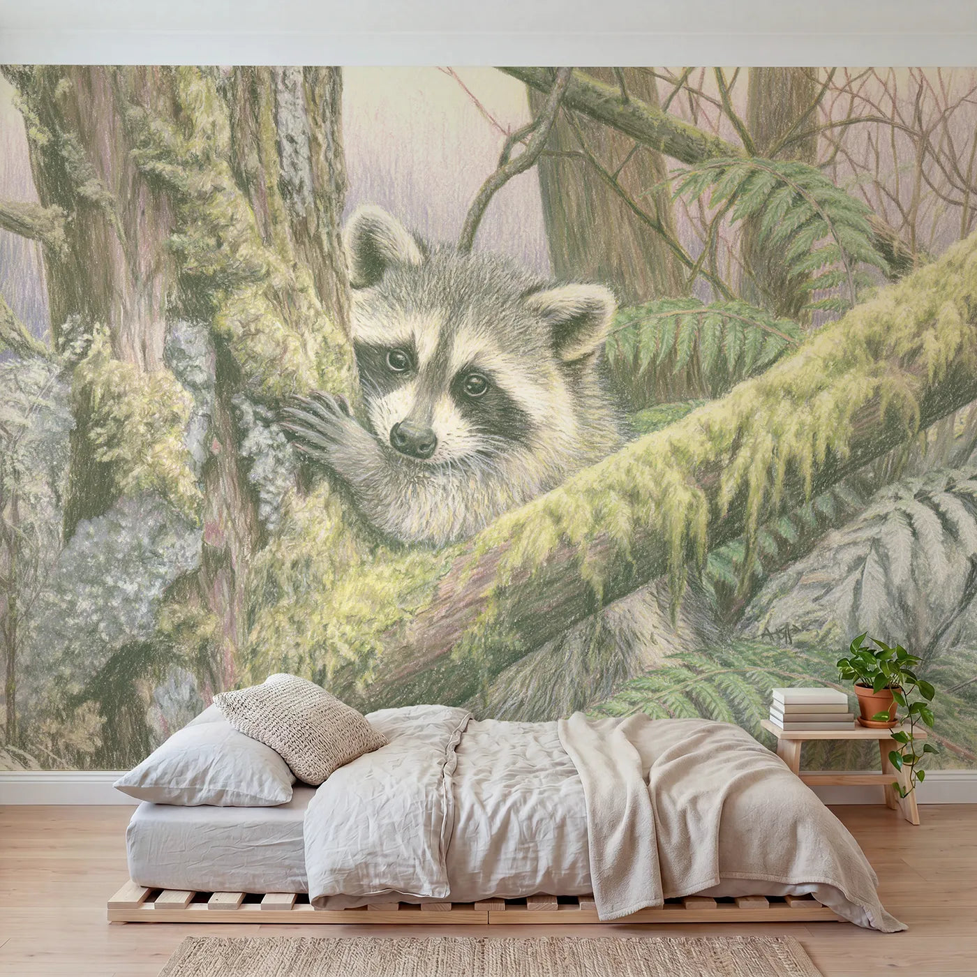 Colored-pencil wall mural of a raccoon kit on a tree trunk by Whimsy Tots