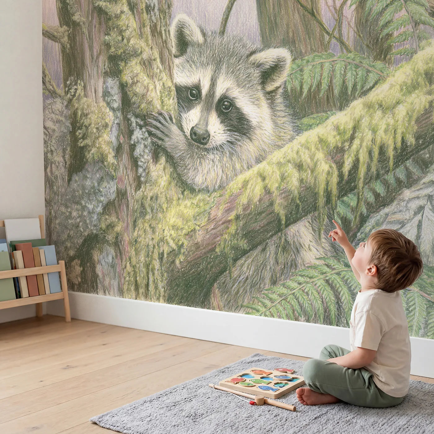Child in nursery with Raccoon Kit on a Trunk Wallpaper Mural by Whimsy Tots