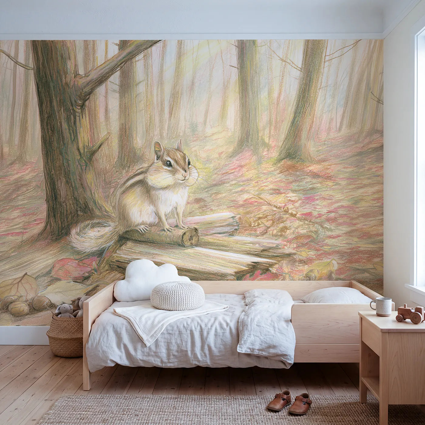 Colored-pencil wall mural of a chipmunk with full cheeks by Whimsy Tots