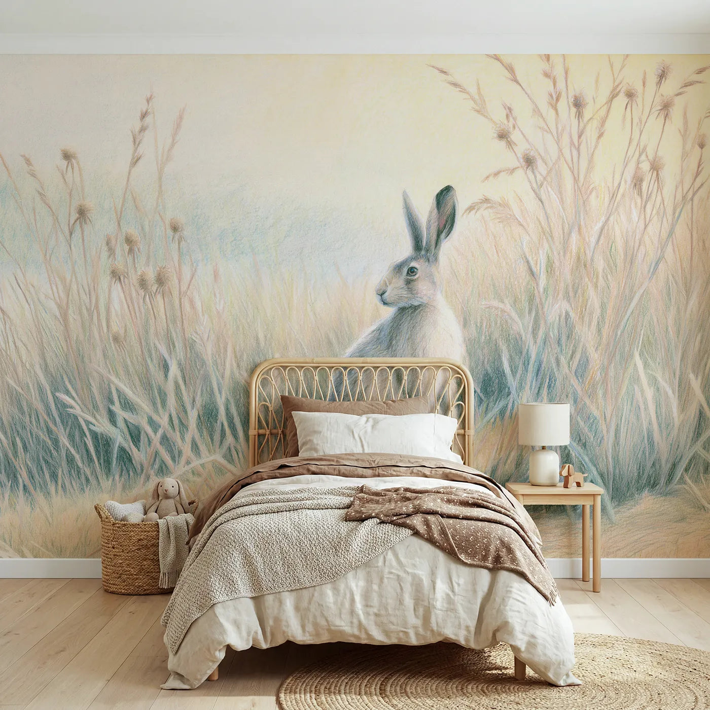 Colored-pencil wall mural of an alert hare in tall grass by Whimsy Tots