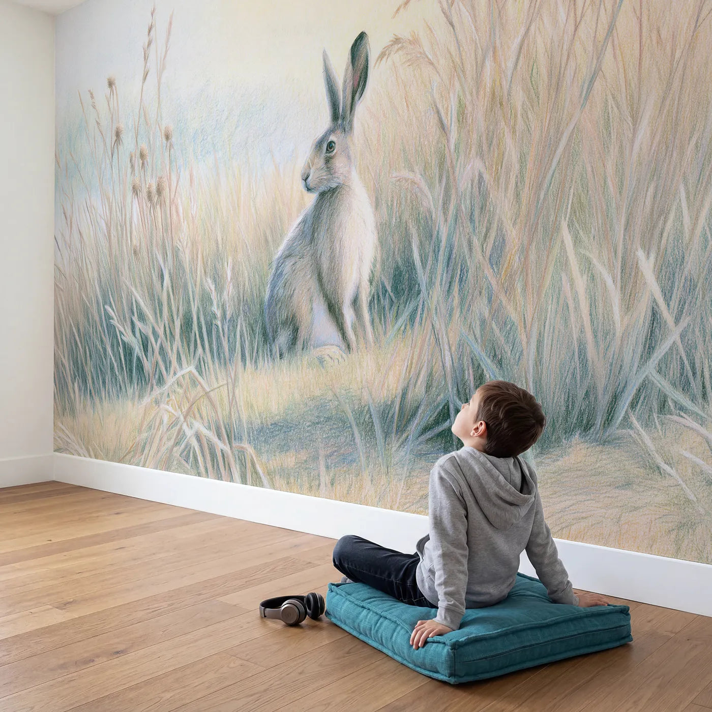 Child in nursery with Alert Hare in the Grass Wallpaper Mural by Whimsy Tots