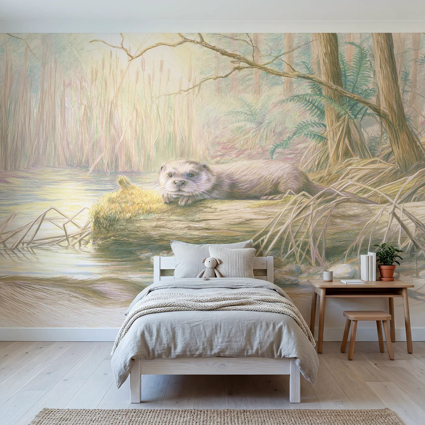 Colored-pencil wall mural of an otter on a riverbank log by Whimsy Tots