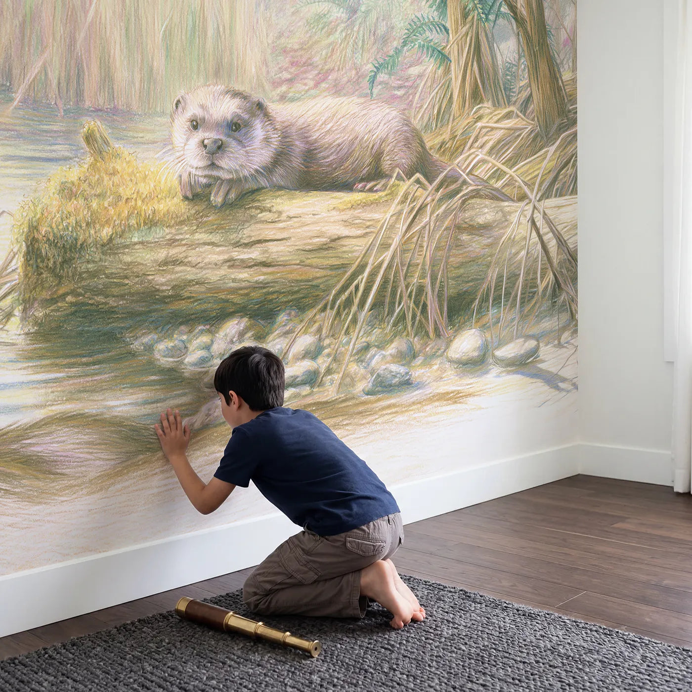 Child in nursery with Riverbank Otter Wallpaper Mural by Whimsy Tots
