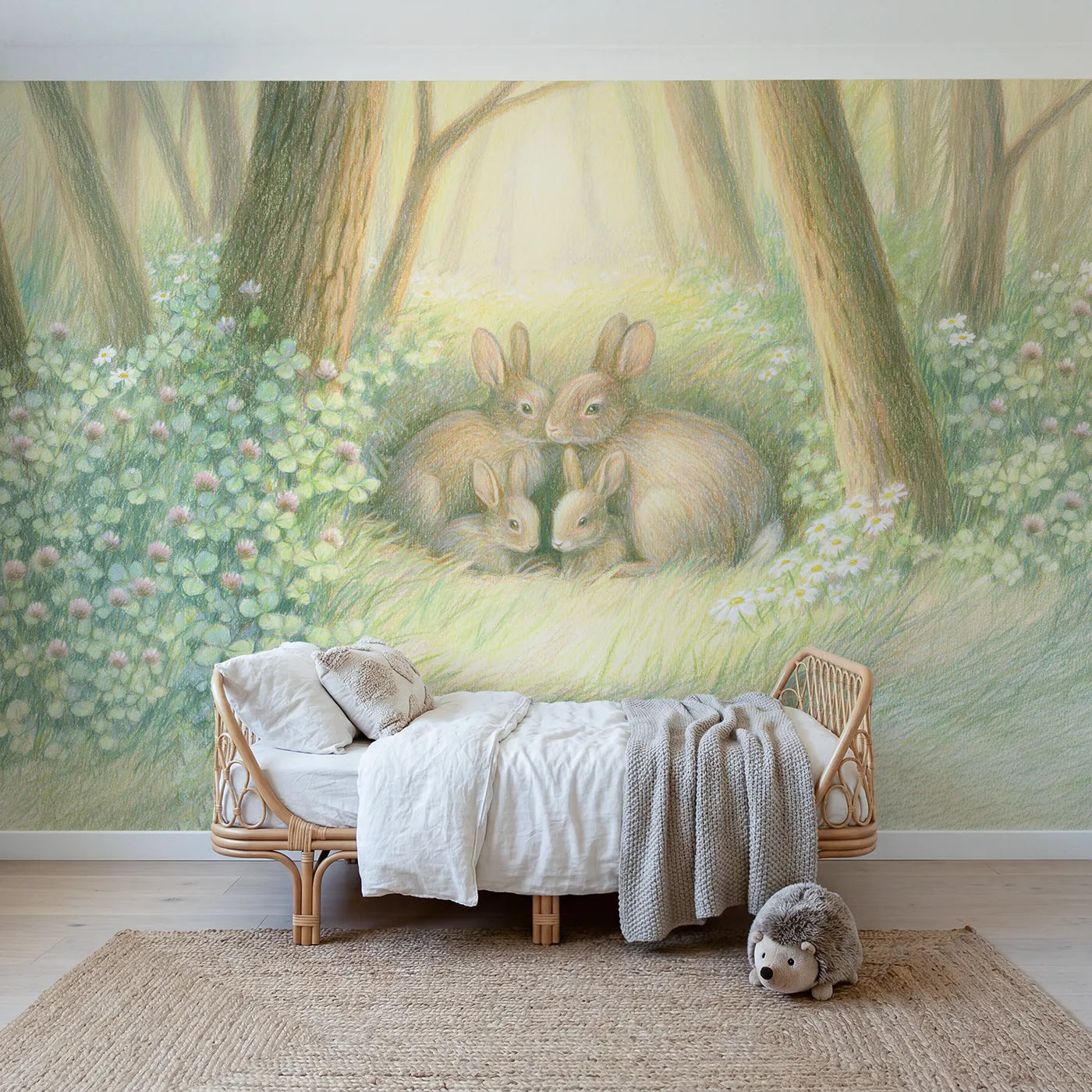 Colored-pencil wall mural of a rabbit family at their burrow by Whimsy Tots