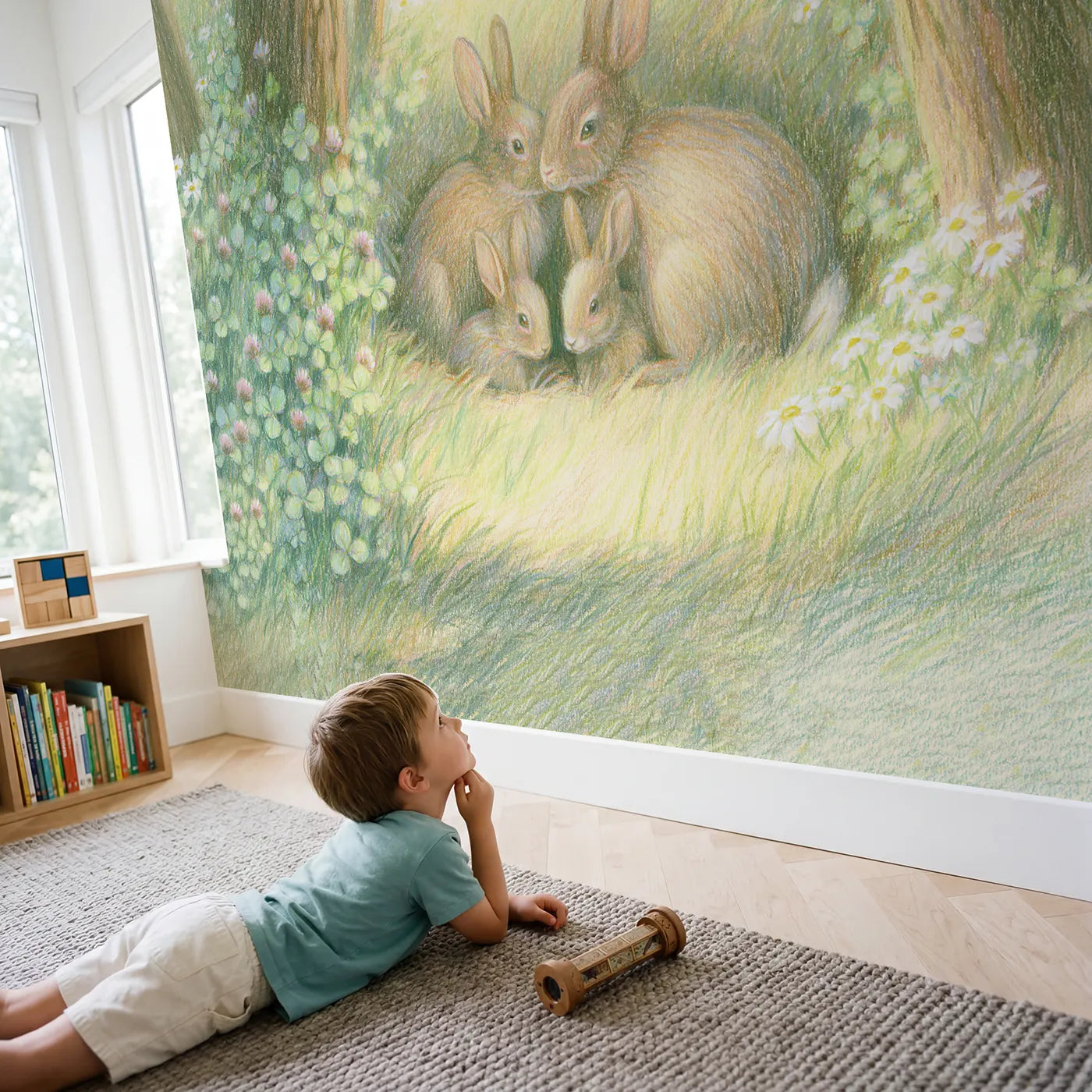 Child in nursery with Rabbit Family Burrow Wallpaper Mural by Whimsy Tots