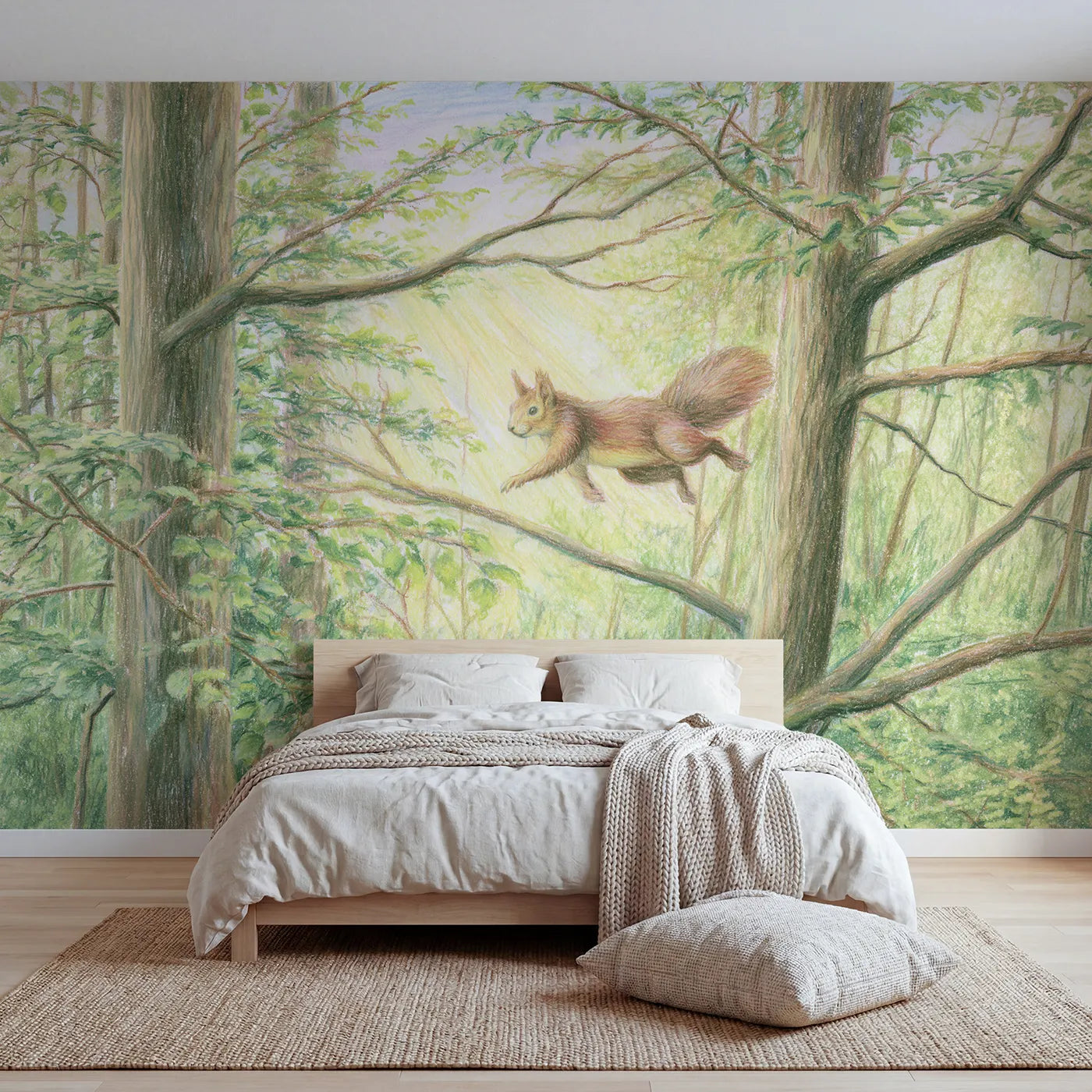 Colored-pencil wall mural of a leaping red squirrel by Whimsy Tots