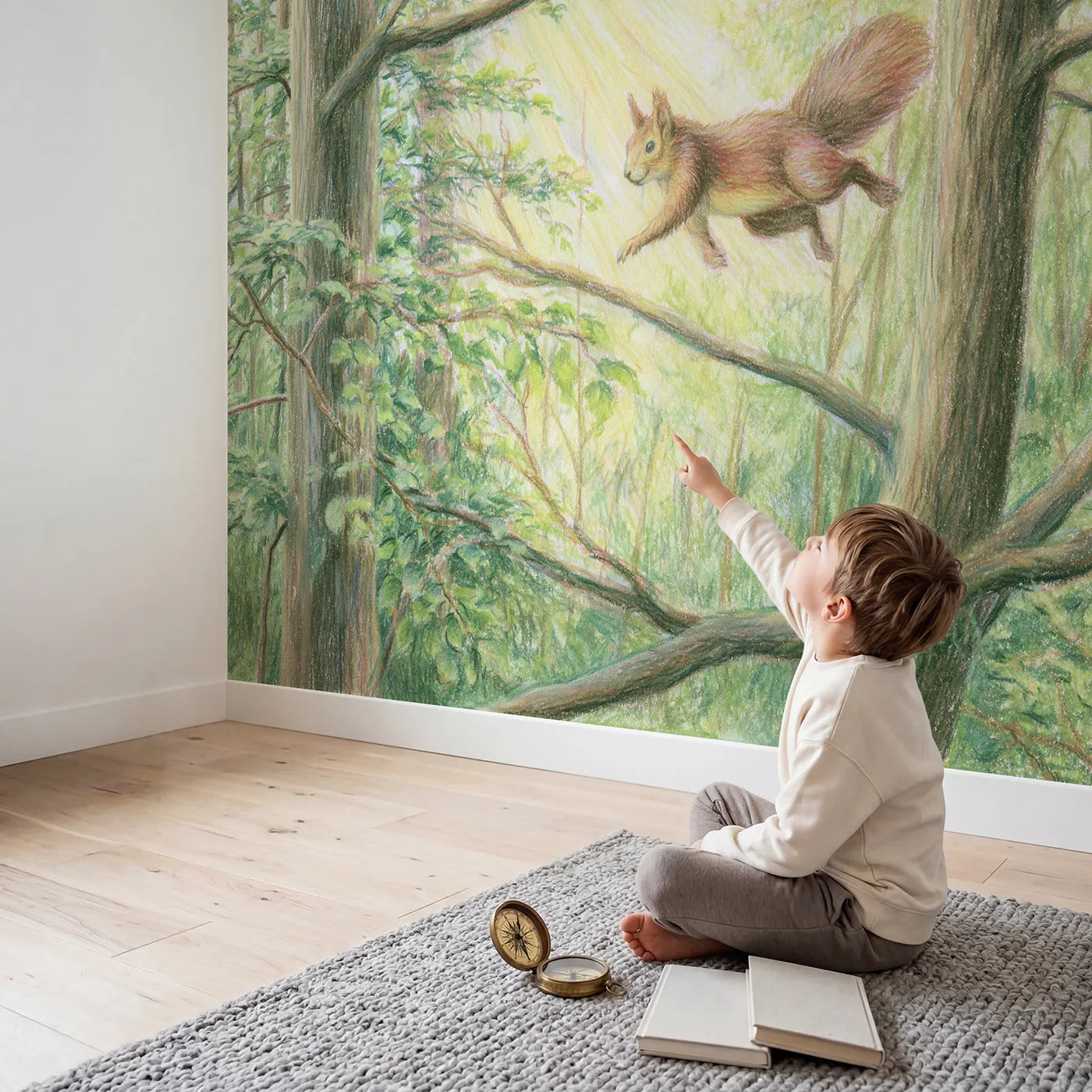 Child in nursery with Leaping Red Squirrel Wallpaper Mural by Whimsy Tots