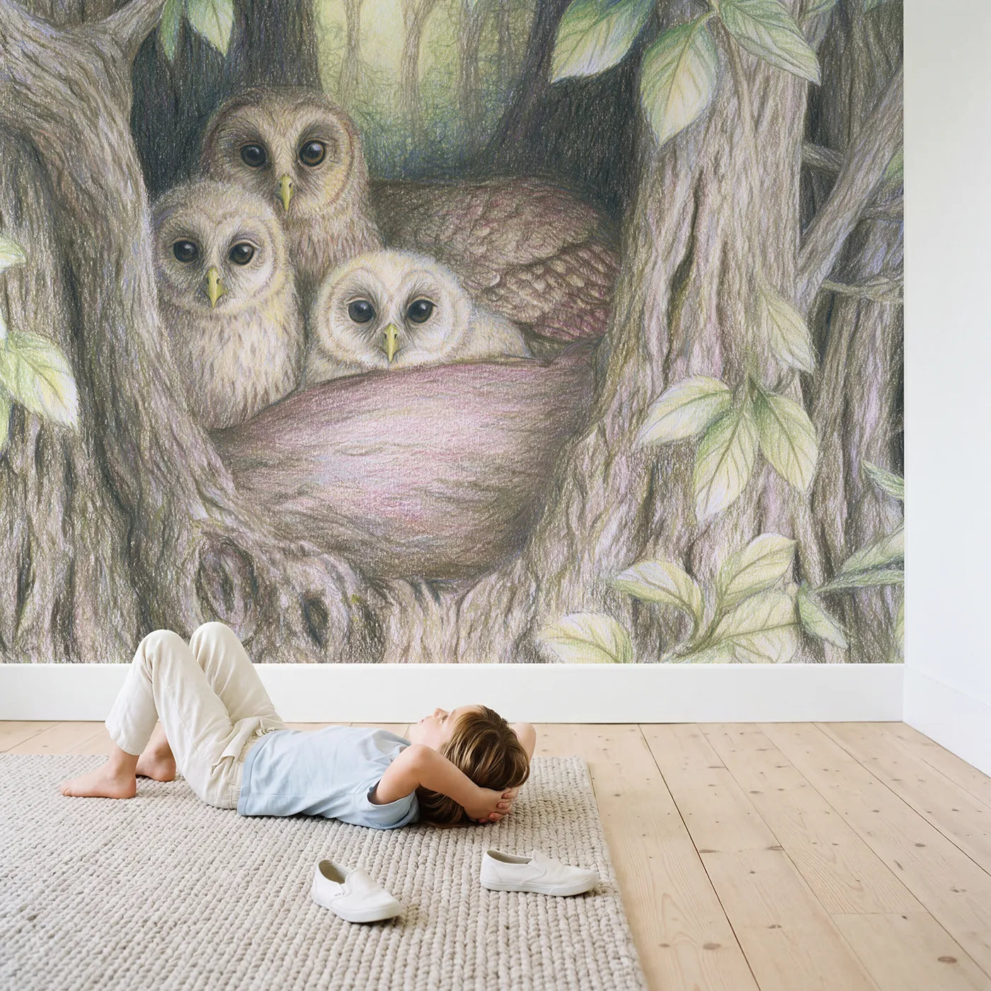 Child in nursery with Owl Family in the Hollow Wallpaper Mural by Whimsy Tots