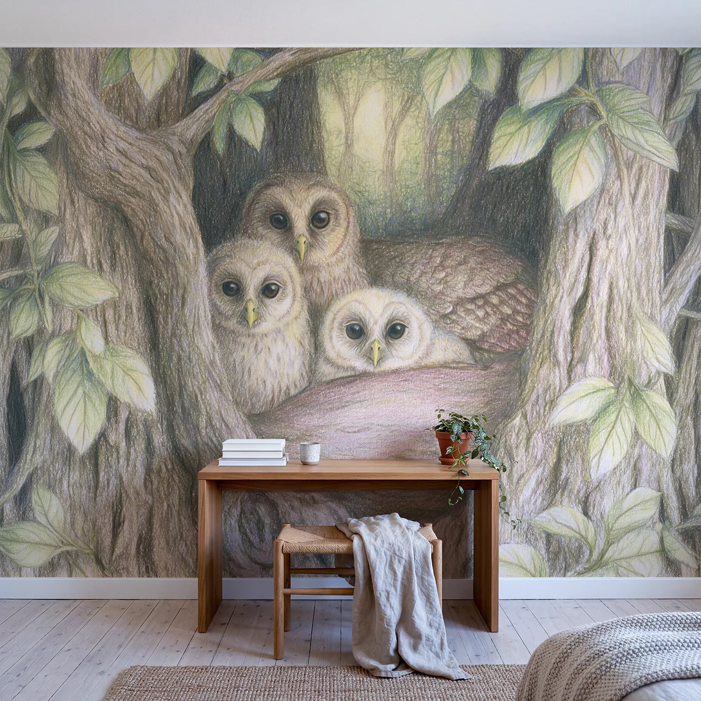 Owl Family in the Hollow Wallpaper Mural in playroom setting by Whimsy Tots