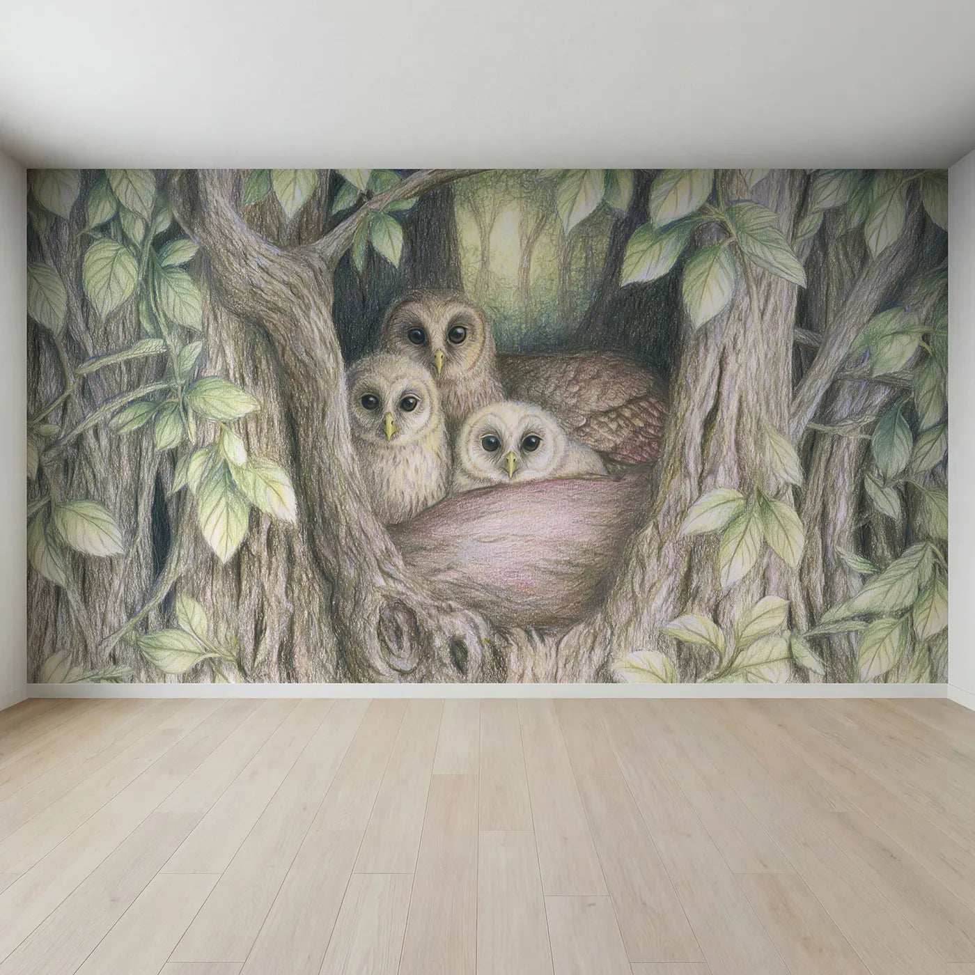 Full view of Owl Family in the Hollow Wallpaper Mural by Whimsy Tots