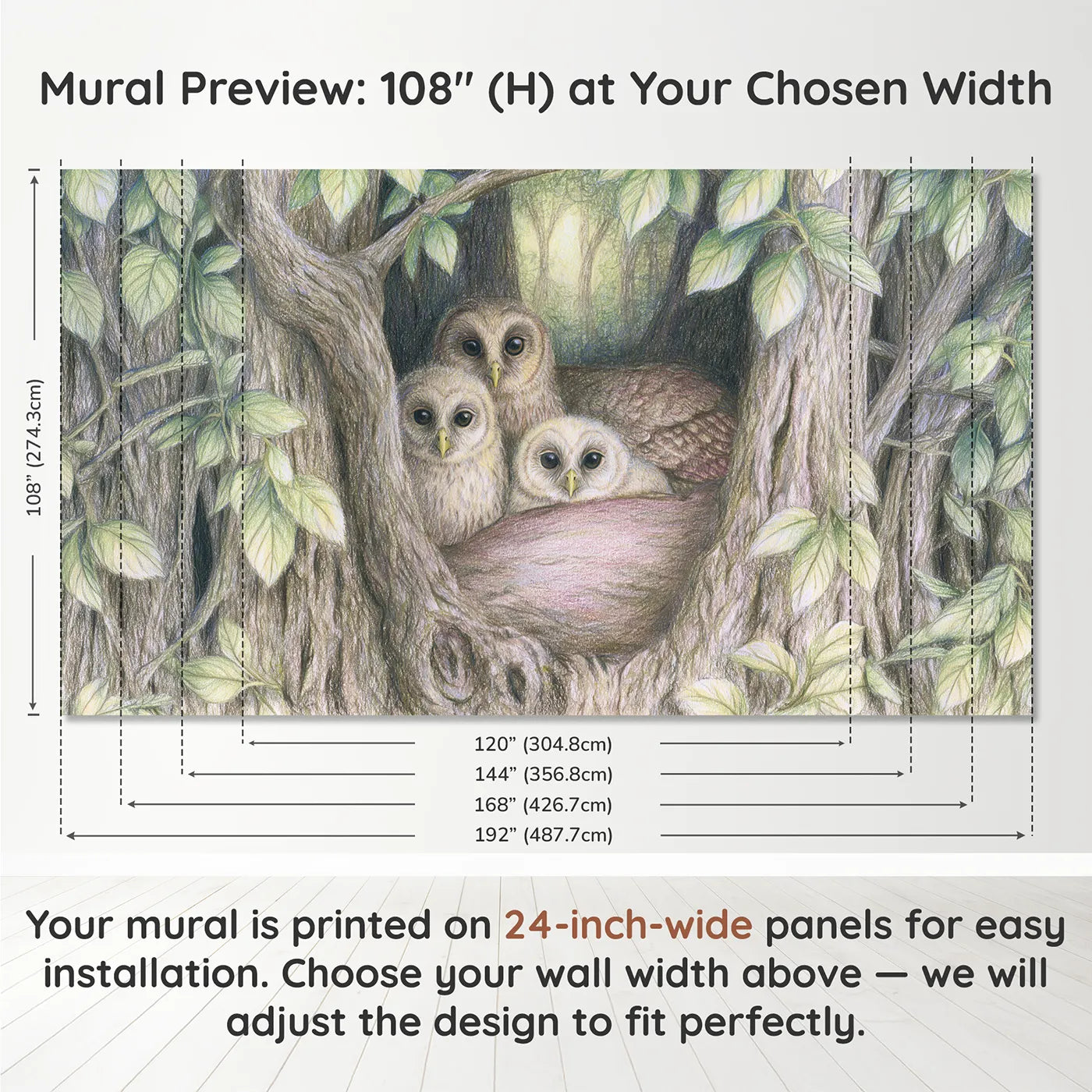 Panel layout and dimensions for Owl Family in the Hollow Wallpaper Mural by Whimsy Tots