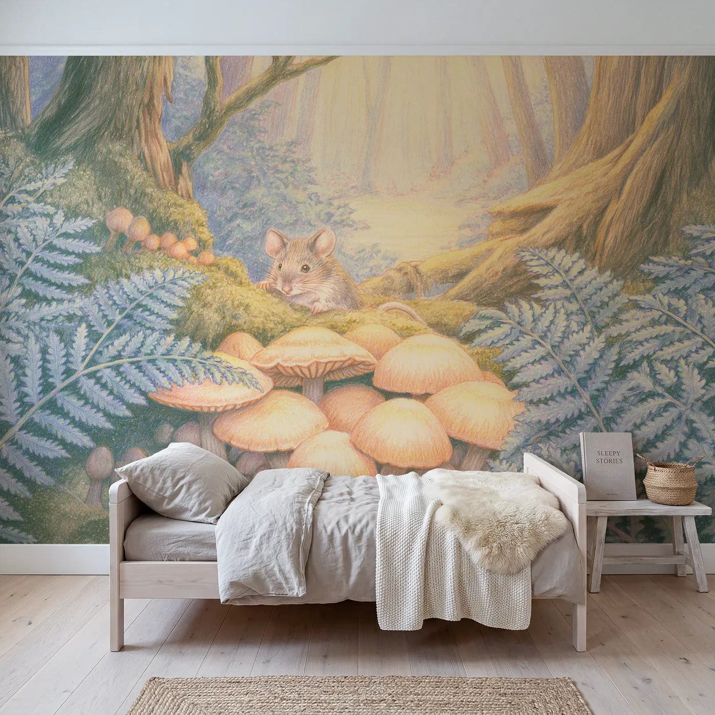 Colored-pencil wall mural of a mouse in a toadstool ring by Whimsy Tots