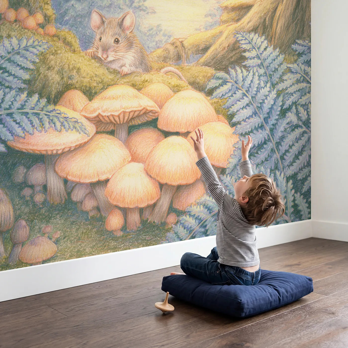 Child in nursery with Toadstool Ring Mouse Wallpaper Mural by Whimsy Tots