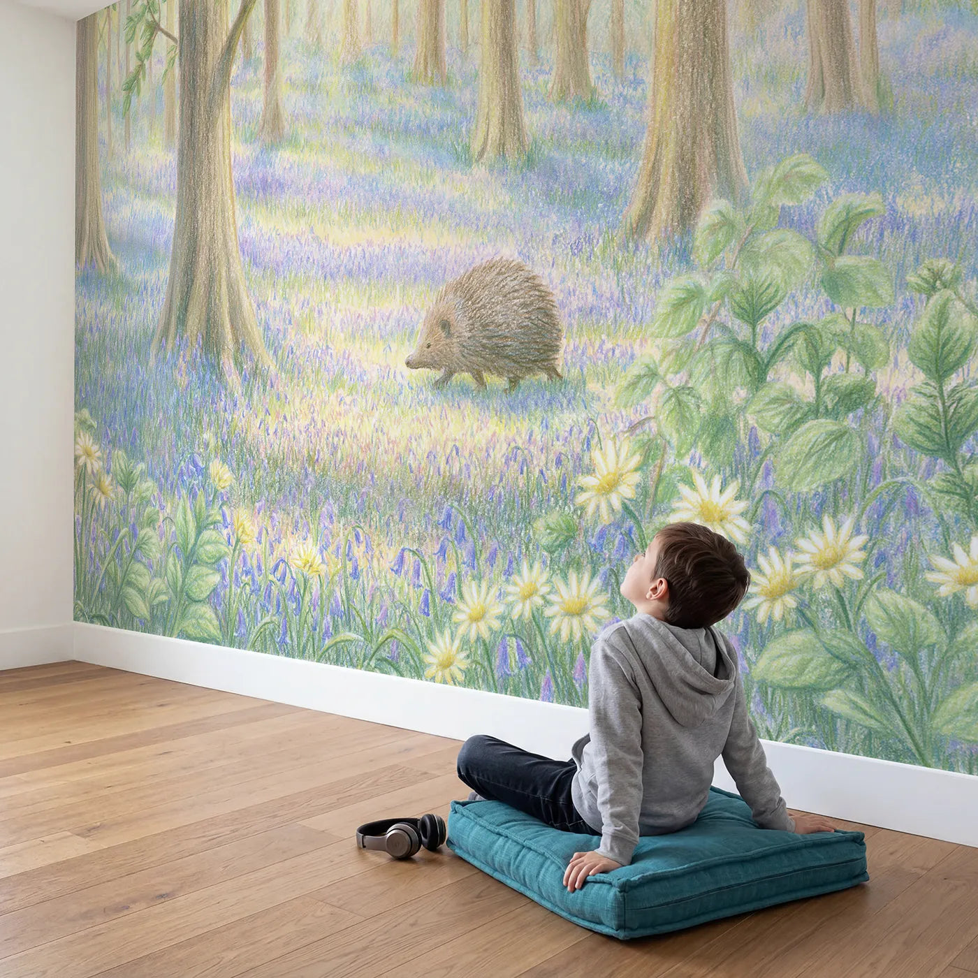 Child in nursery with Hedgehog Among Bluebells Wallpaper Mural by Whimsy Tots