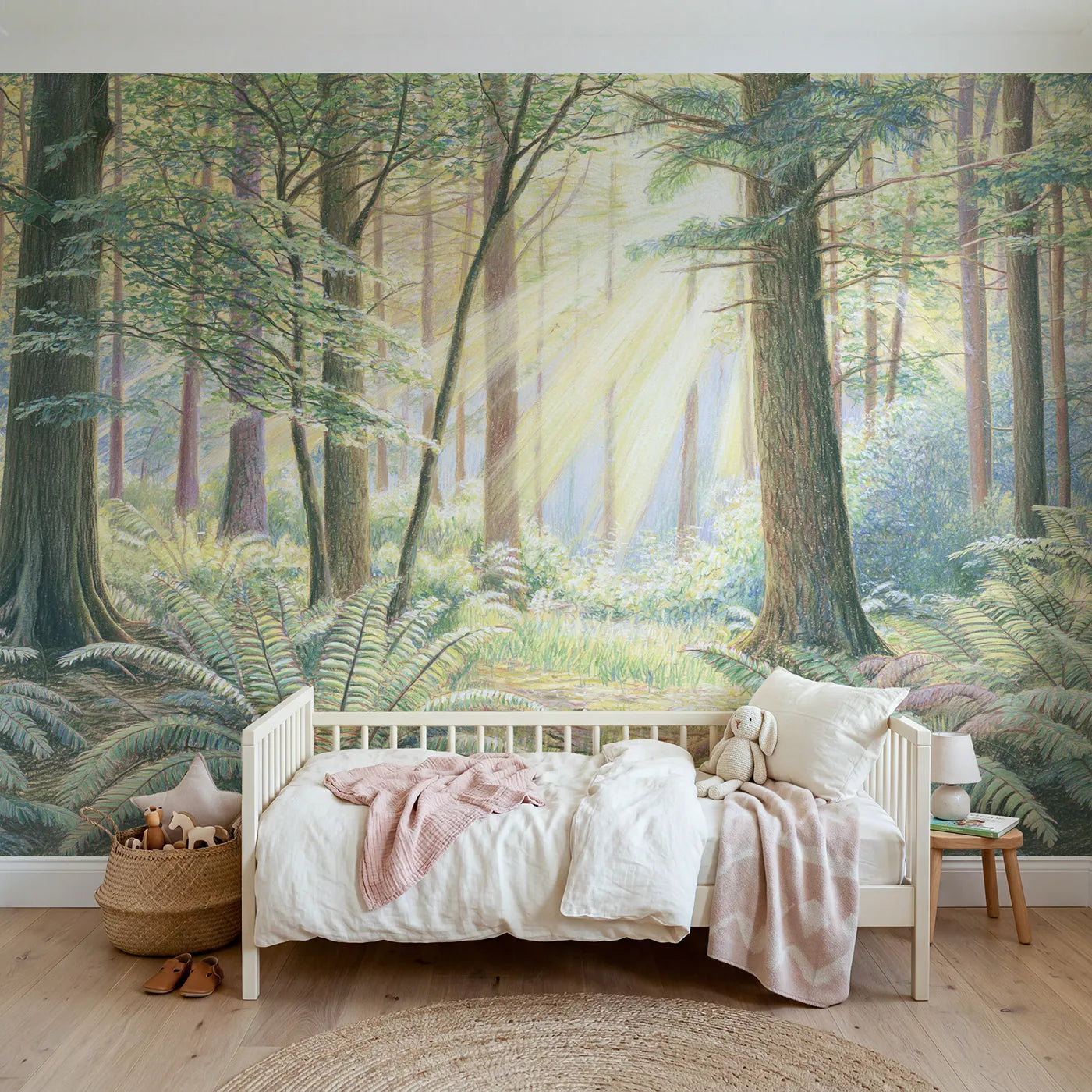 Colored-pencil wall mural of a sunlit fern glade by Whimsy Tots