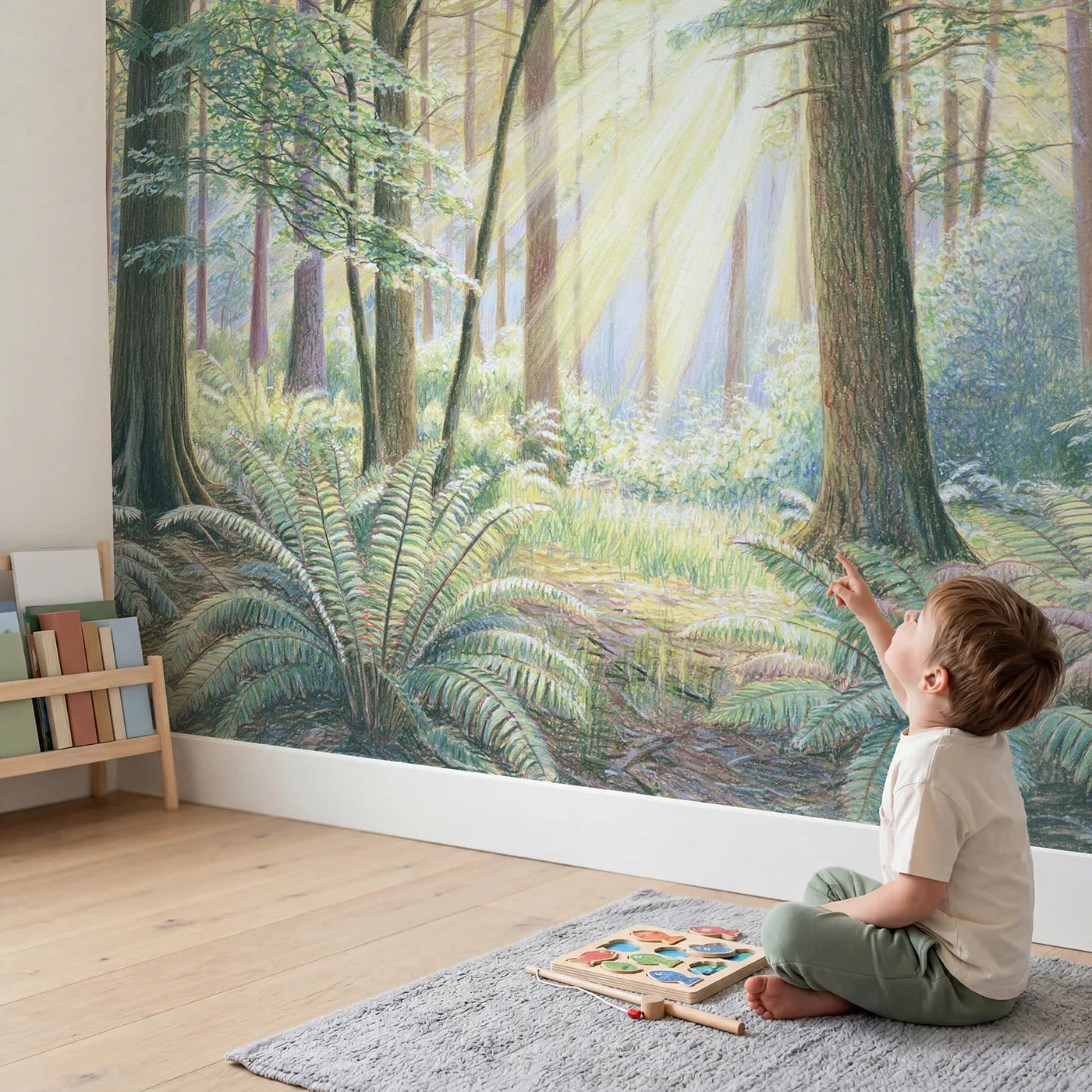 Child in nursery with Sunlit Fern Glade Wallpaper Mural by Whimsy Tots