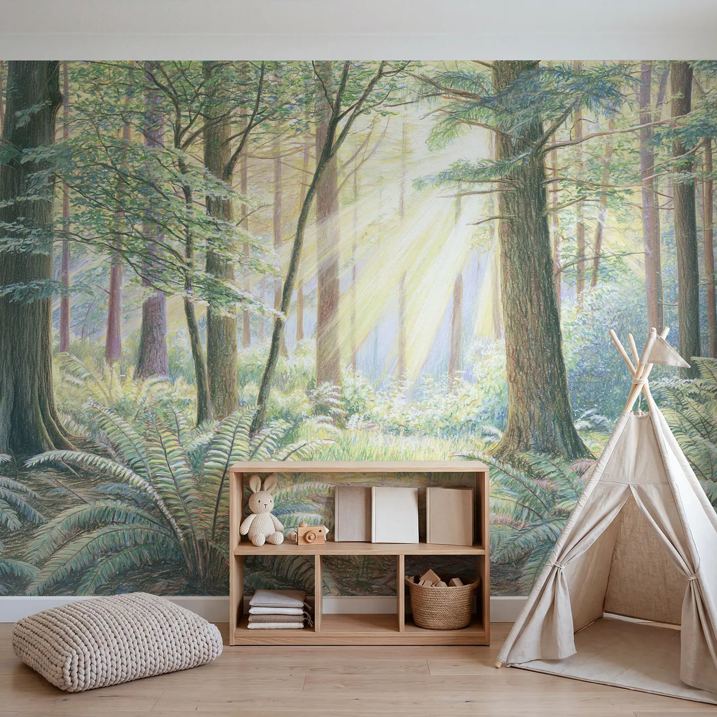 Sunlit Fern Glade Wallpaper Mural in playroom setting by Whimsy Tots