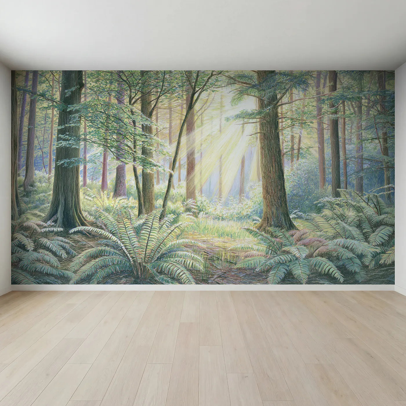 Full view of Sunlit Fern Glade Wallpaper Mural by Whimsy Tots