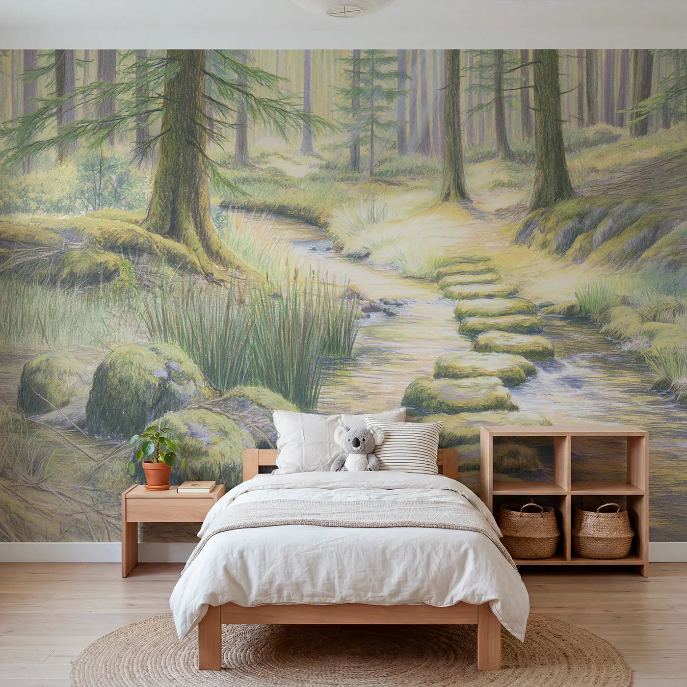 Colored-pencil wall mural of a mossy woodland stream by Whimsy Tots