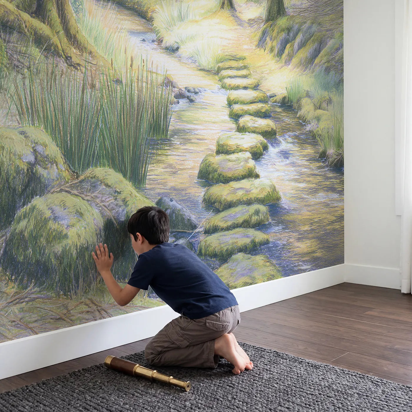 Child in nursery with Mossy Woodland Stream Wallpaper Mural by Whimsy Tots