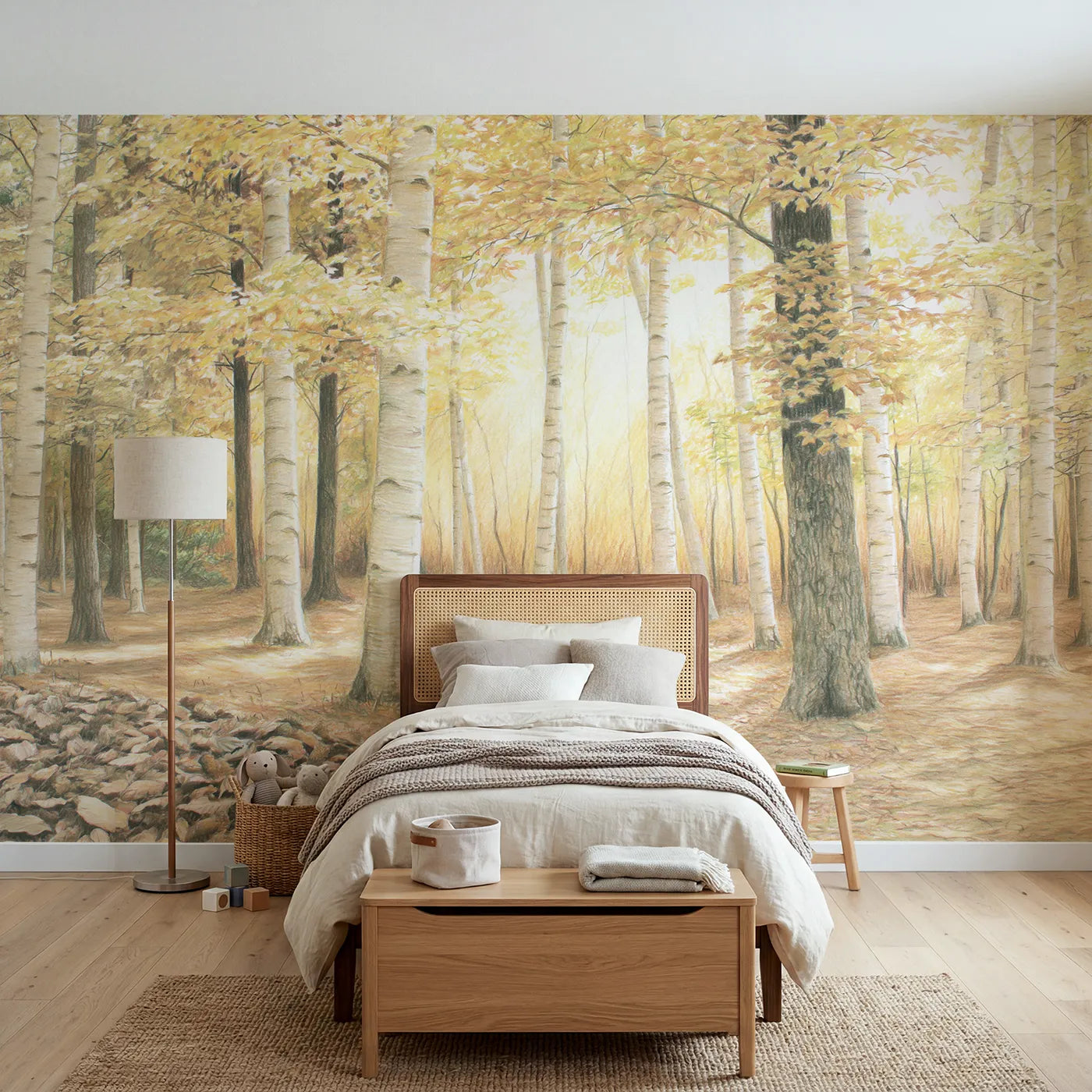 Colored-pencil wall mural of a birch grove in autumn by Whimsy Tots